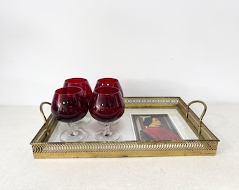 Vintage Glass And Metal Gold Frame Serving Display Tray
