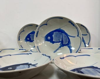 Blue and White Chinese Koi Carp Fish, Deep Plate/ Bowl, Hand-Painted Chinese Bowl Blue and White Koi Carp