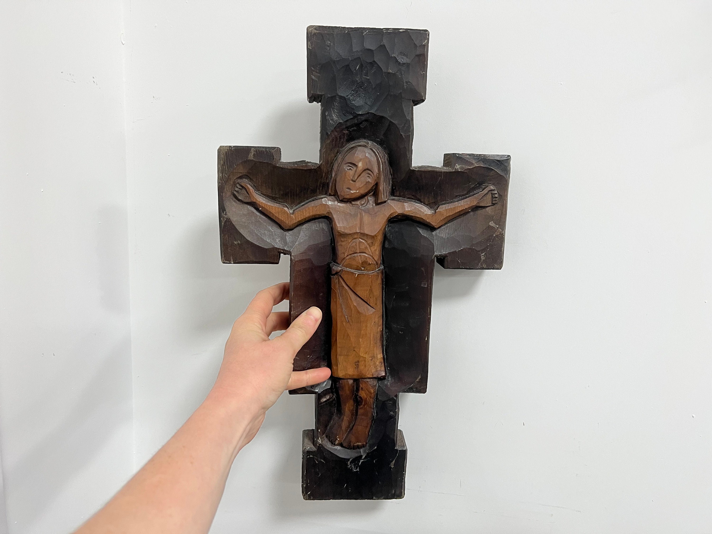 Vintage Wooden Wall Cross, Carved Panel Crucifix, Large Italian Wall