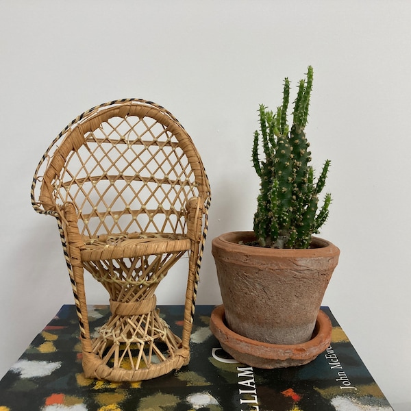 Vintage kleine rotan pauw stoel, miniatuur van pauw stoel, rieten plant stand, mini rieten display stoel, boho decor home decor