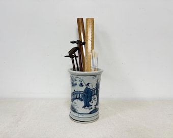 Vintage Hand-Painted Chinese Blue and White Porcelain Brush Pen Pot