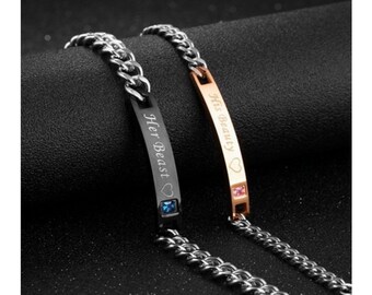 His Beauty Her Beast Leather Engraved Braided Couples Bracelet Set