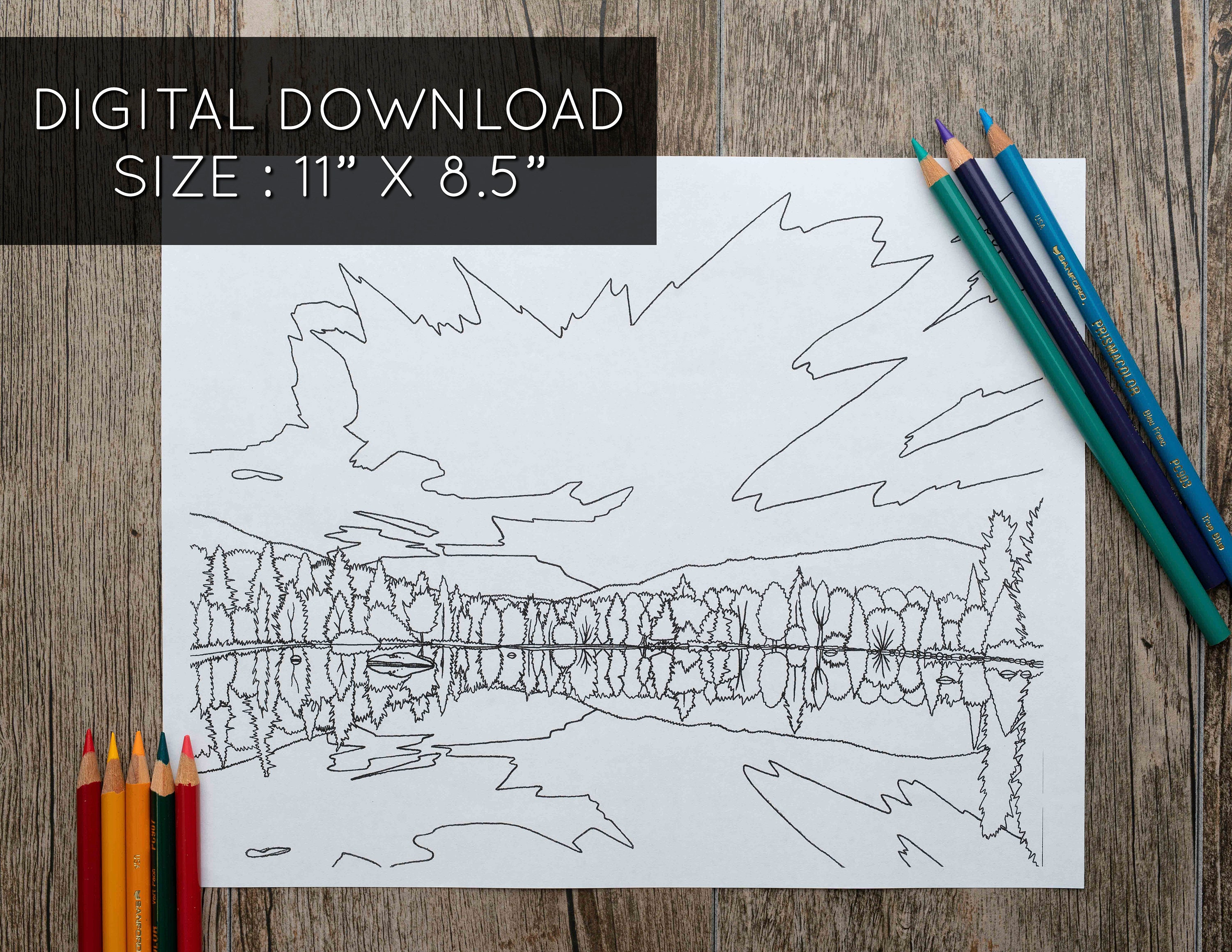 Lake Reflection, Printable Adult Coloring Page, Reflections Coloring ...