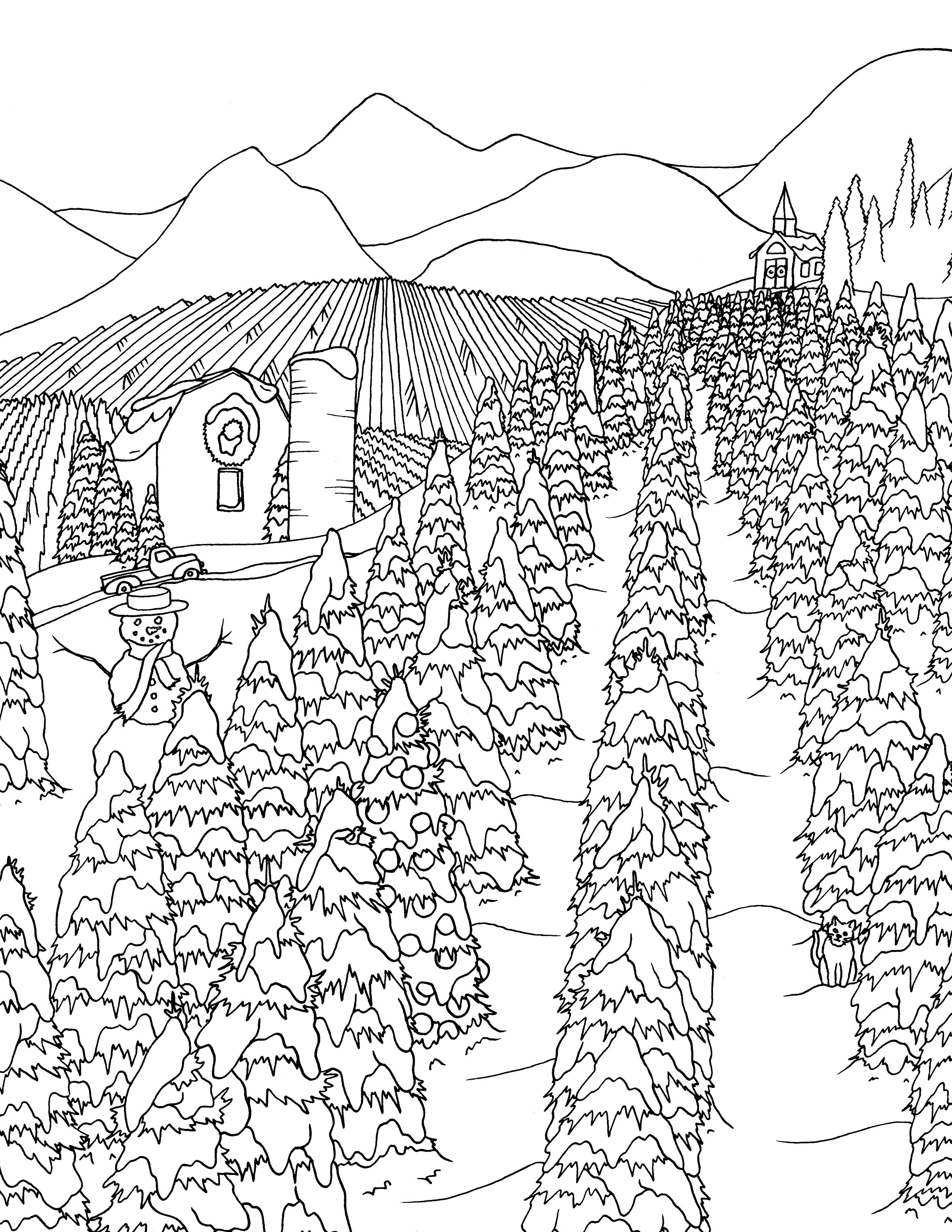 Christmas Tree Farm Coloring Page, Christmas Coloring Page, Winter