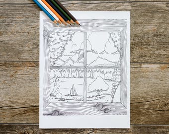 Página para colorir de mergulhão voando pela janela em frente a um lago na montanha, página para colorir de pato, download digital, download instantâneo