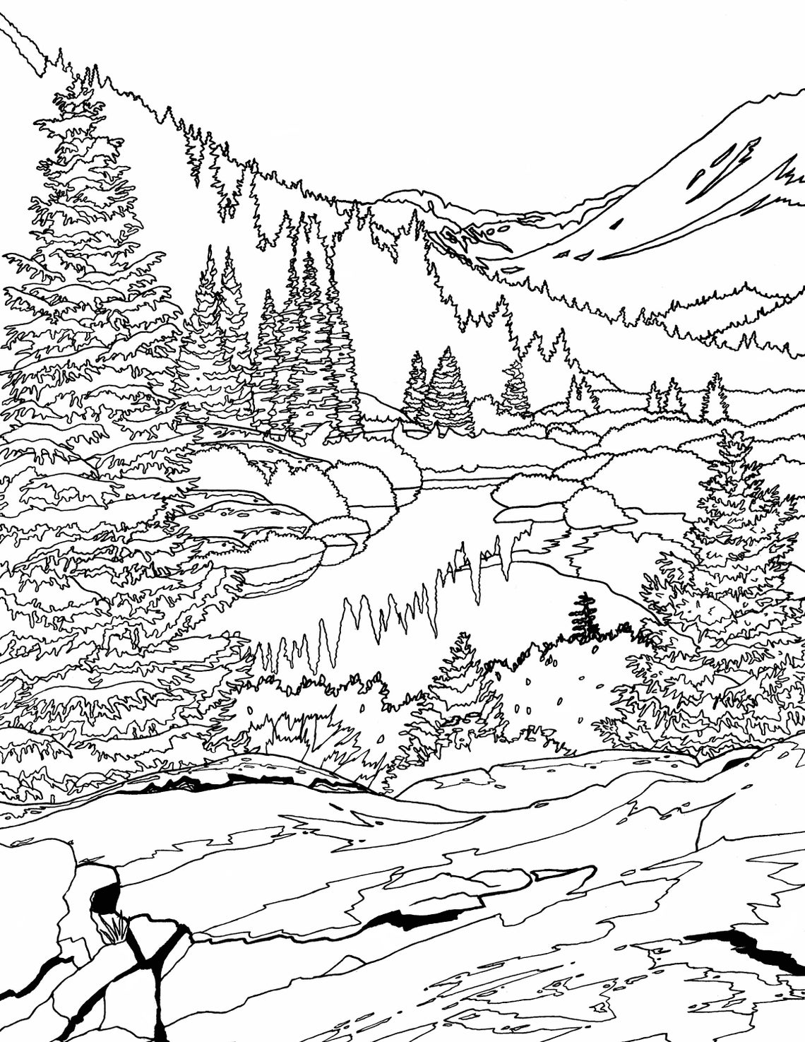 Lake Under the Mountains Adult Coloring Page Nature Coloring - Etsy España