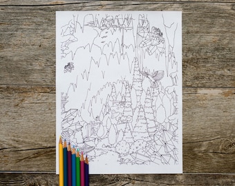 Página para colorir de "Debaixo de um Cenote com Cristais e Animais", Página para colorir de "Ao Ar Livre", Download Digital, Download Instantâneo, Página para colorir de Natureza