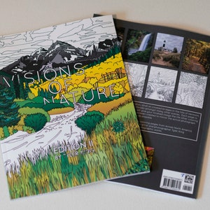 May include: A coloring book titled "Visions of Nature, Edition II by Tyler King" with a mountain scene on the front cover and a black and white preview of the illustrations on the back cover.