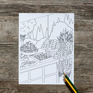 May include: A black and white line drawing of a bakery display with a variety of breads, pastries, and other baked goods. The display is set up in front of a window with a view of a green, leafy forest.