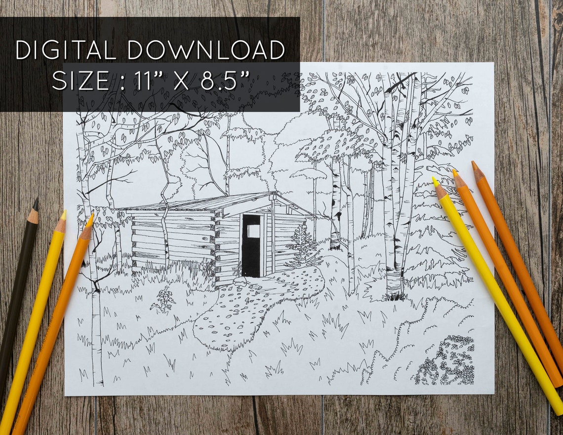 Cabin in the Woods, Printable Adult Coloring Page, Forest Coloring Page ...
