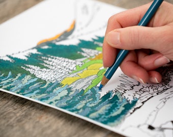 Página para colorir adulto do lago sob as montanhas, página para colorir natureza, página para colorir montanhas, downloads para colorir adultos, páginas para colorir adultos