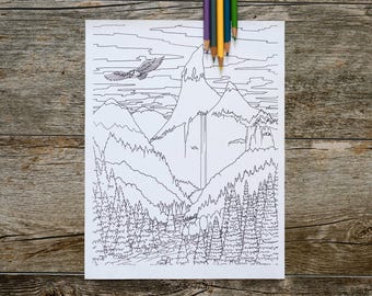 Lindas paisagens de montanha com cachoeira para colorir, páginas para colorir ao ar livre, páginas para colorir de aventura, download digital, download instantâneo