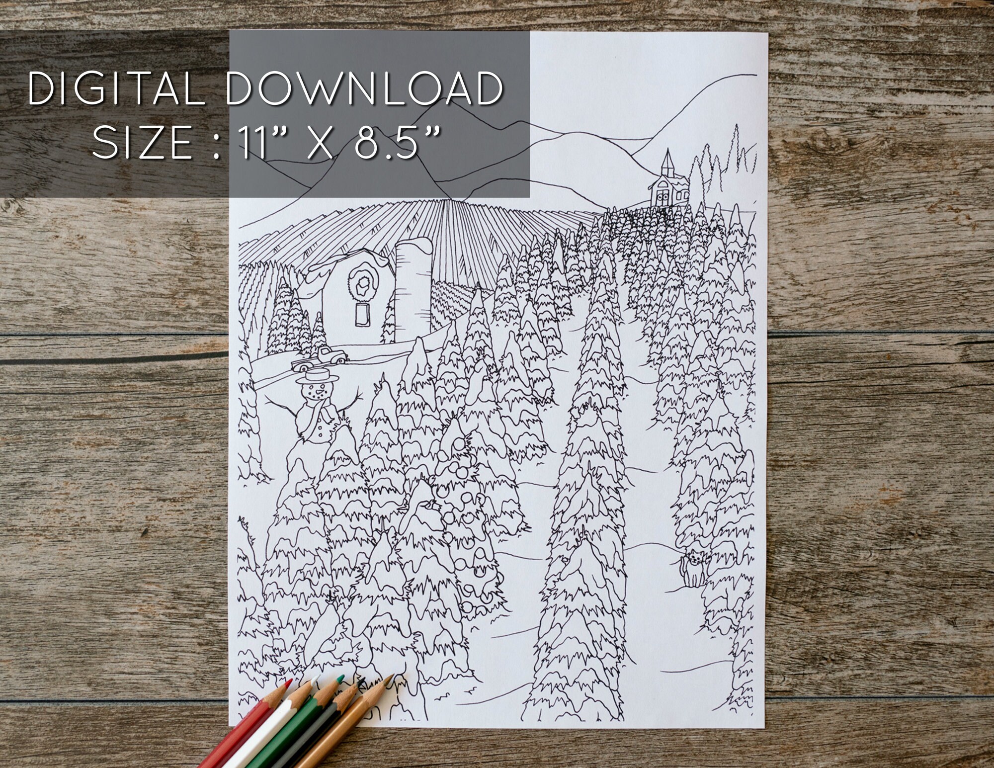 Christmas Tree Farm Coloring Page, Christmas Coloring Page, Winter