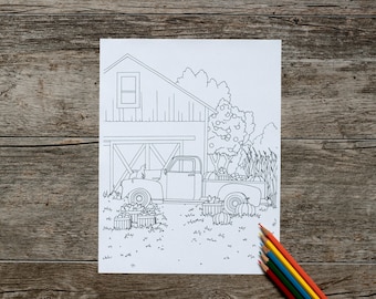 Harvest Time on the Farm Coloring Page, Old Truck Coloring Page, Farm Coloring Page, Barn Coloring Page, Digital Download, Fall Coloring