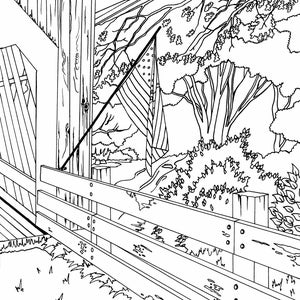 May include: A black and white line drawing of a wooden fence, a wooden building, and a tree with a flag hanging from a branch.