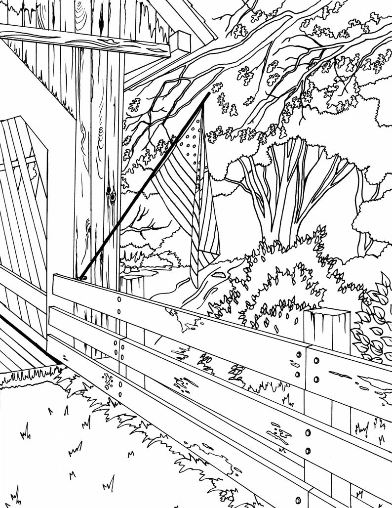 May include: A black and white line drawing of a wooden fence, a wooden building, and a tree with a flag hanging from a branch.