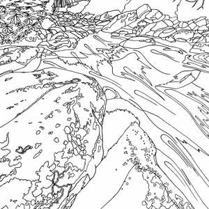May include: A black and white line drawing of a stream flowing through a rocky landscape. The stream is winding and the rocks are large and jagged. There are trees in the background.