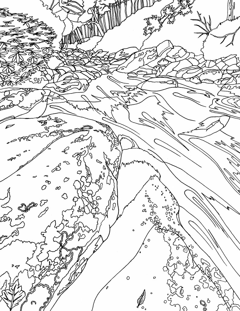 May include: A black and white line drawing of a stream flowing through a rocky landscape. The stream is winding and the rocks are large and jagged. There are trees in the background.