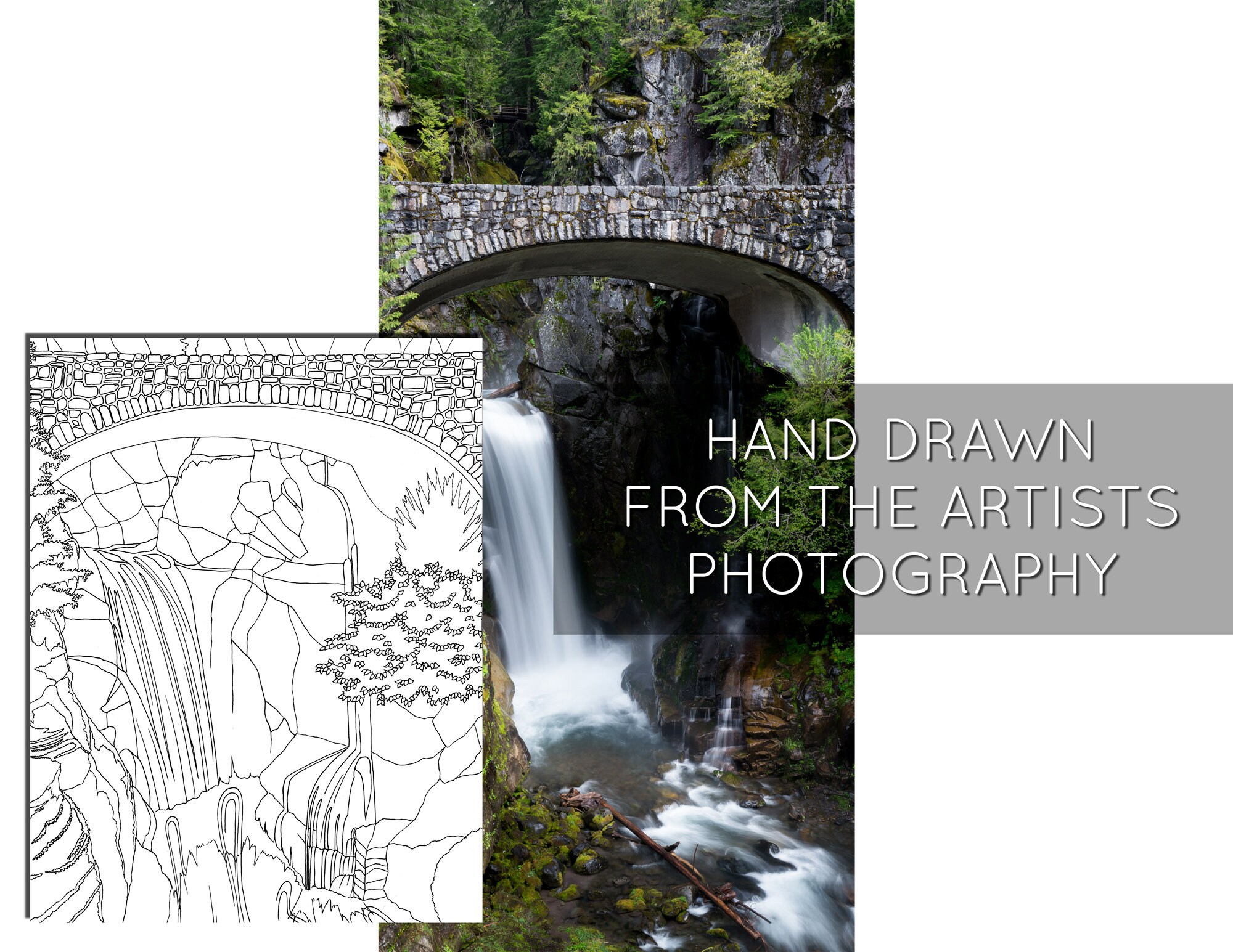 Coluring In Rainer's Mount Rainier Bridge Over Waterfall Adult Coloring Page, Mount Rainier ...