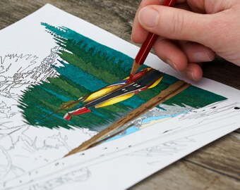 Reflexão sobre o Lago Moraine, página para colorir para adultos para impressão, página para colorir para adultos com download instantâneo, página para colorir montanhas, colorir natureza