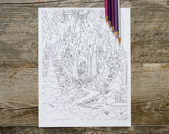 Olhando para fora de uma caverna com um veado para colorir, página para colorir ao ar livre, download digital, download instantâneo, página para colorir natureza, cristais