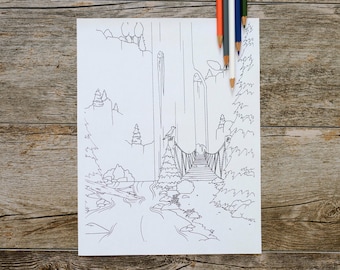 Página para colorir de uma ponte de corda velha perto de um riacho perto de uma cachoeira, página para colorir de atividades ao ar livre, download digital, download instantâneo, página para colorir de natureza