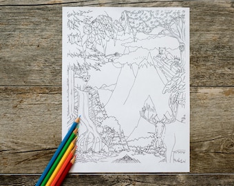 Página para colorir de cachoeira na montanha com alce, página para colorir de atividades ao ar livre, página para colorir de aventura, natureza selvagem, download digital, download instantâneo