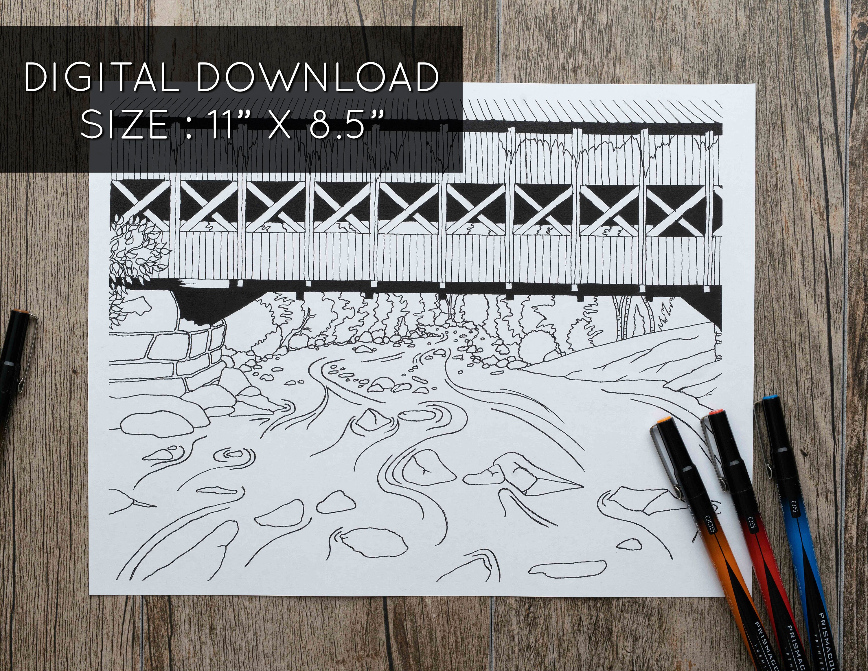 River Under Covered Bridge Printable Adult Coloring Page | Etsy