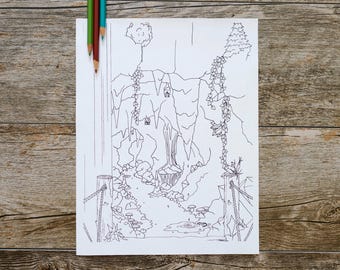 Página para colorir "Em uma caverna a partir de uma ponte perto de uma cachoeira", página para colorir "Ao ar livre", download digital, download instantâneo, página para colorir "Natureza"