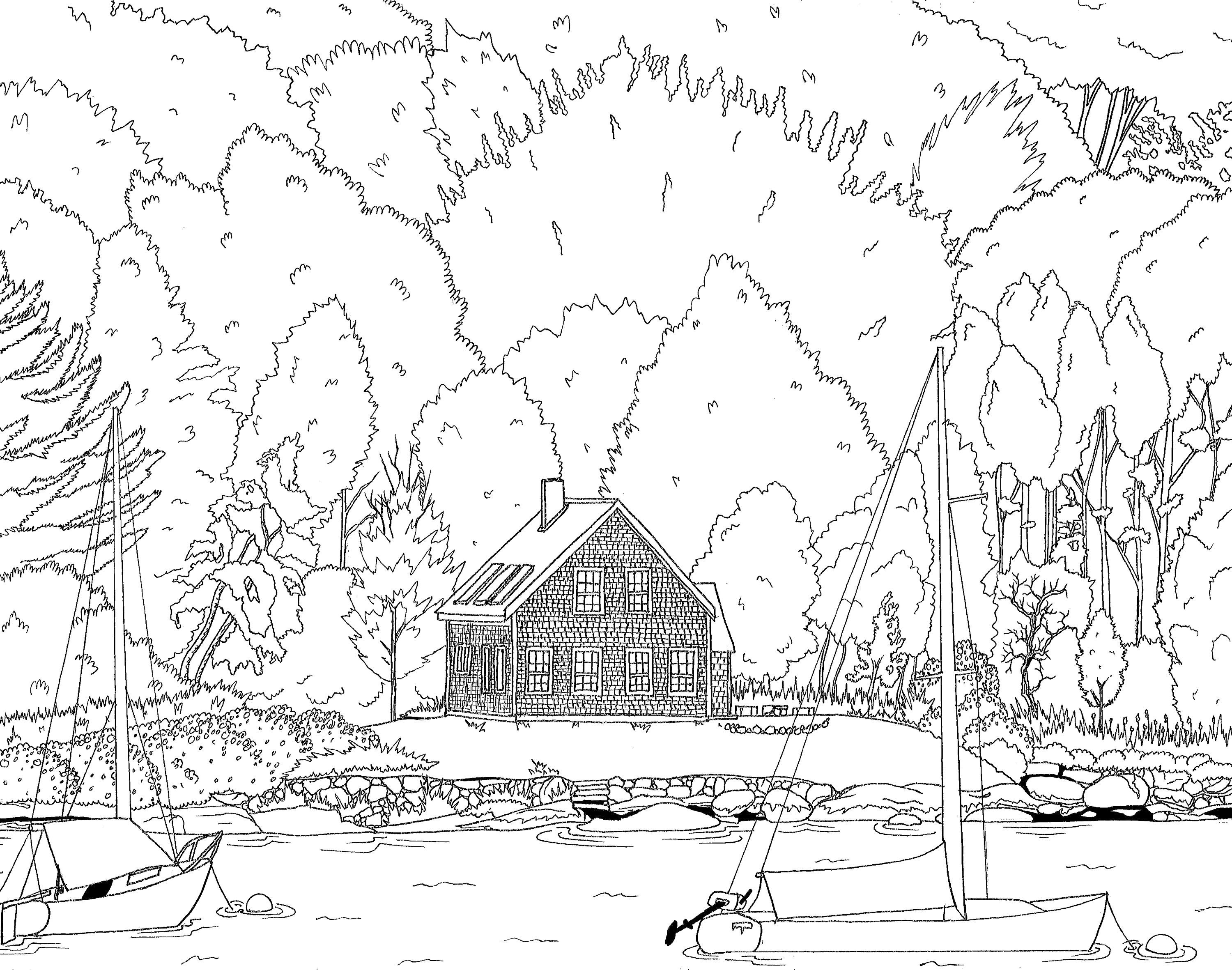 Cabin and Sailboats Printable Adult Coloring Page Sailboat | Etsy