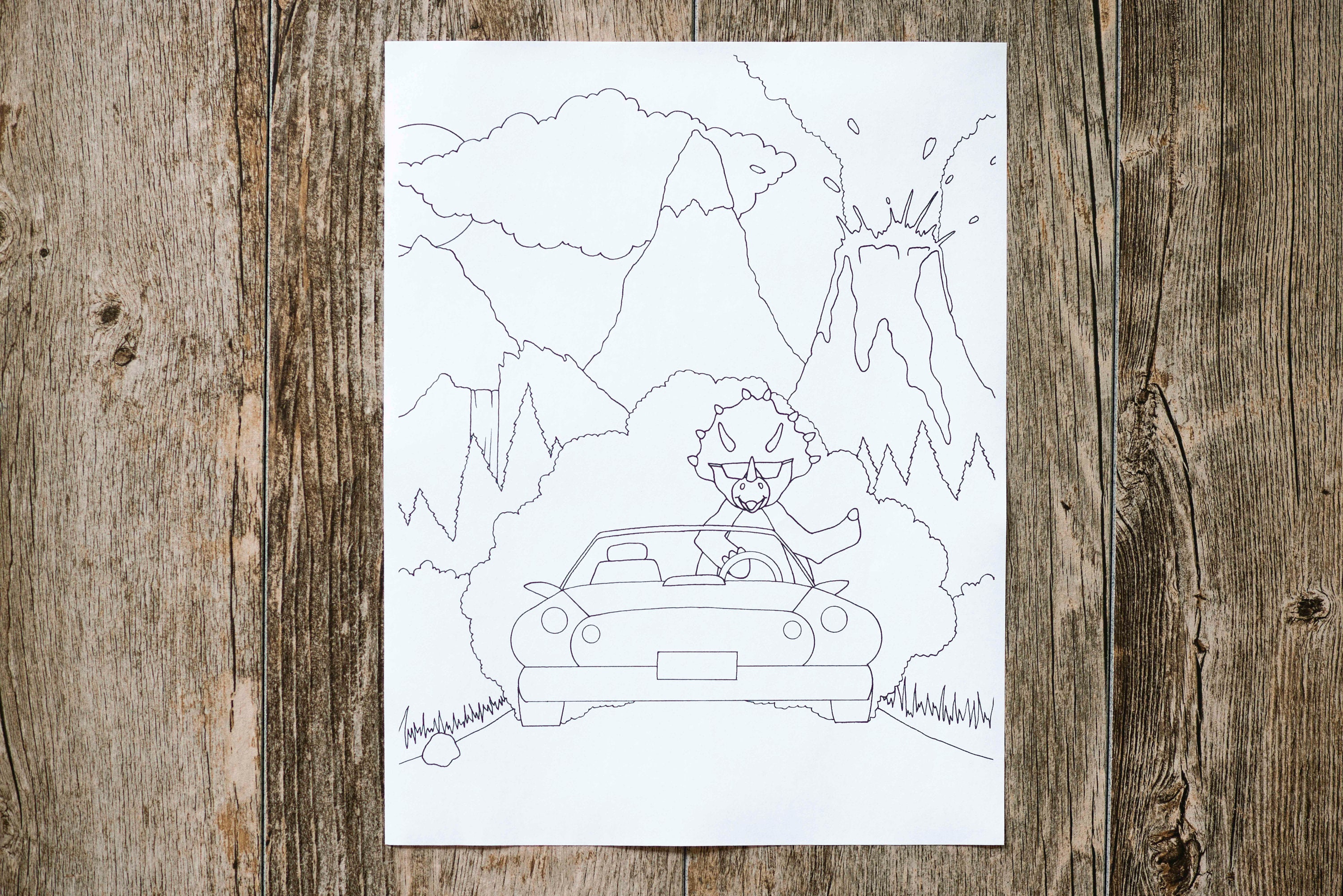 Dinosaur Driving A Sports Car Coloring Page, Kids Coloring Page