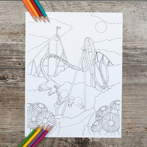 Amusement Park Childrens Coloring Page, Roller Coaster Coloring Page, Amusement Park Coloring Page, Kids Coloring Page, Digital Download