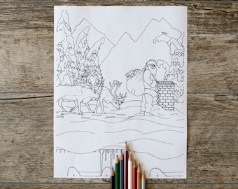 Santa on a Rooftop Coloring Page, Santa Claus Coloring Page, Santa with Reindeer Coloring Page, Digital Download, Christmas Coloring Page