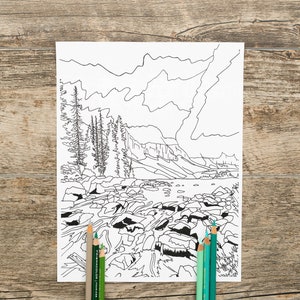 Waterfall and a Lake Below the Mountains Adult Coloring Page, Nature Coloring Pages, Mountains Coloring Page, River Coloring Page, Relaxing image 2