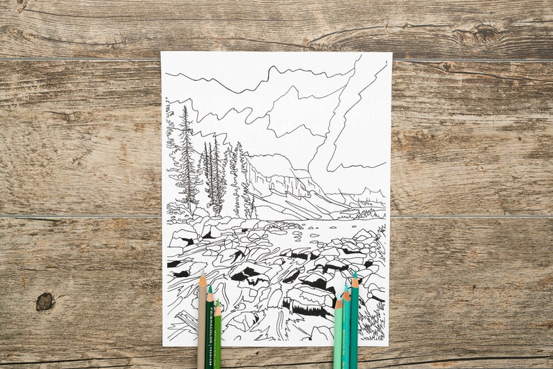 Waterfall and a Lake Below the Mountains Adult Coloring Page, Nature Coloring Pages, Mountains Coloring Page, River Coloring Page, Relaxing image 2