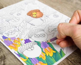 Jardim de fadas de bolotas, download digital de jardim de fadas de carvalho, página para colorir de bolotas e flores, download instantâneo de páginas para colorir para adultos