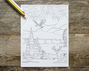 Linda cena de montanha com um lago com um alce e uma águia americana para colorir, página para colorir ao ar livre, download digital, download instantâneo