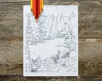 Página para colorir "Cabana na Floresta perto de um Prado", Página para colorir "Ao Ar Livre", Download Digital, Download Instantâneo, Página para colorir "Natureza", Alce