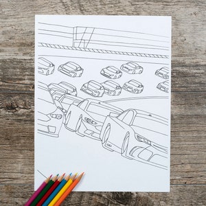 カーレースの子供用ぬり絵ページ、カーレースのぬり絵ページ、レースカーのぬり絵ページ、NASCARのぬり絵ページ、デジタルダウンロード、ぬり絵ページ