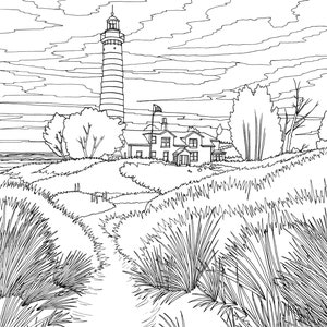 May include: A black and white line drawing of a lighthouse on a grassy hill with a house and a path leading to it. The sky is cloudy and there are trees in the background.