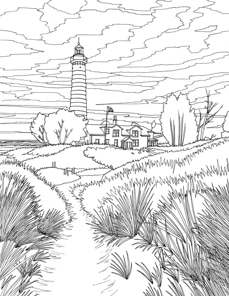 May include: A black and white line drawing of a lighthouse on a grassy hill with a house and a path leading to it. The sky is cloudy and there are trees in the background.