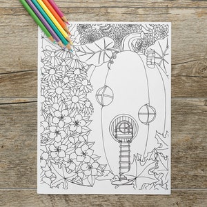 Pumpkin Fairy Garden Coloring Page, Fairy Garden Coloring Page, Pumpkin Coloring Page, Flowers Coloring Page, Instant Download, Coloring