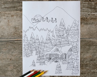 Santa Flying Over Cabin In The Mountains Coloring Page, Christmas Coloring Page, Santa Coloring Page, Cabin Coloring Page, Instant Download