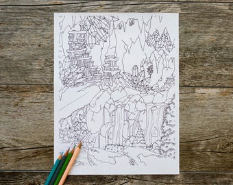 Página para colorir de cachoeira e um cenote dentro de uma caverna, página para colorir ao ar livre, download digital, download instantâneo, página para colorir da natureza