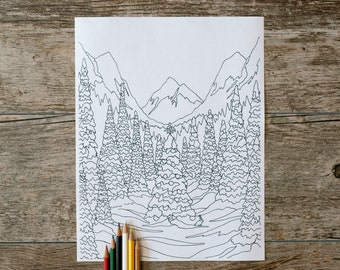 Página para colorir de Natal de Mountain Valley, página para colorir de Natal, árvore de Natal, página para colorir, download digital, Natal, montanha