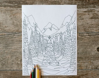 Mountain Valley Christmas Coloring Page, Christmas Coloring Page, Christmas Tree, Coloring Page, Digital Download, Christmas, Mountain