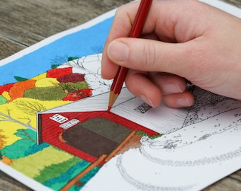 Vermont Covered Bridge and Barns, Página para colorir para adultos para impressão, Páginas para colorir para adultos, Página para colorir de ponte coberta, Página para colorir de estradas secundárias
