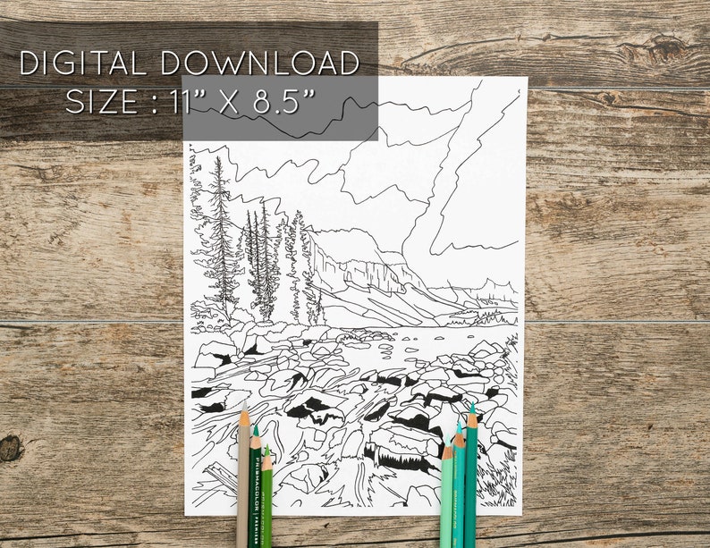 Waterfall and a Lake Below the Mountains Adult Coloring Page, Nature Coloring Pages, Mountains Coloring Page, River Coloring Page, Relaxing image 5