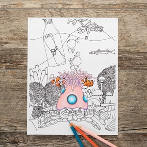 Página para colorear del océano, página para colorear del cangrejo decorador, página para colorear del cangrejo, páginas para colorear de fantasía, página para colorear bajo el agua, descarga instantánea