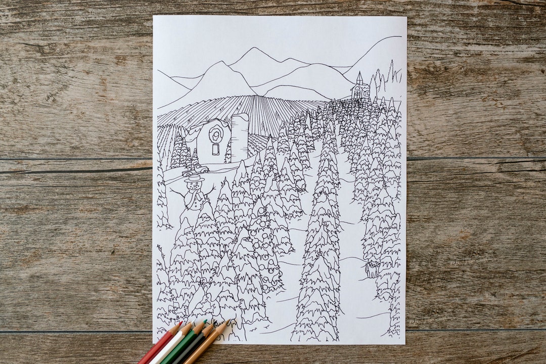 Christmas Tree Farm Coloring Page, Christmas Coloring Page, Winter